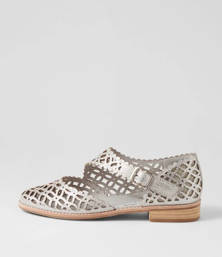 Alikam Silver Crackle Leather Flat Shoes