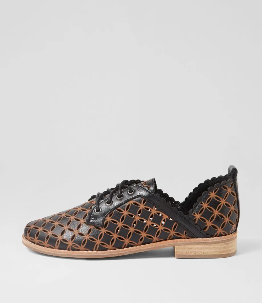 Allosier Black Tan Leather Lace Up Flats
