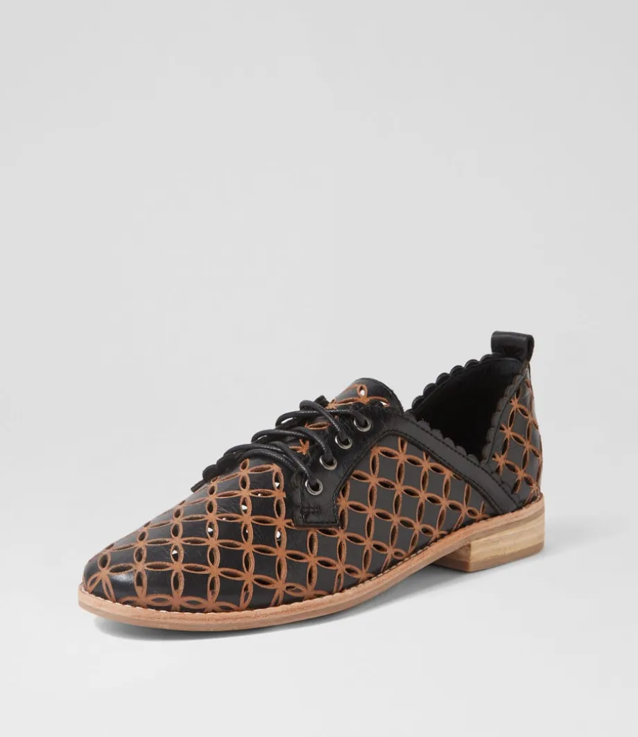 Allosier Black Tan Leather Lace Up Flats