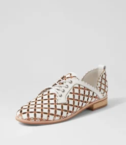 Allosier White Tan Leather Lace Up Flats