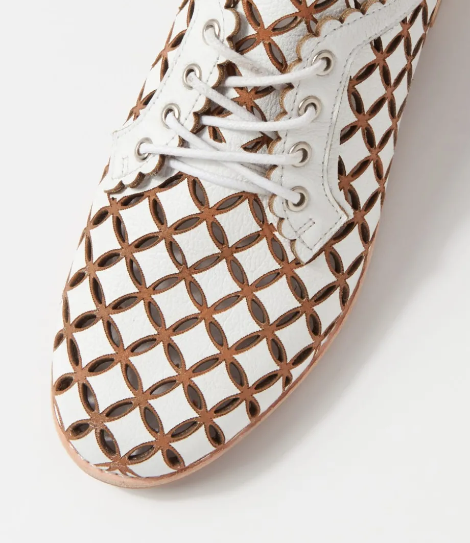 Allosier White Tan Leather Lace Up Flats
