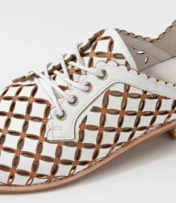 Allosier White Tan Leather Lace Up Flats