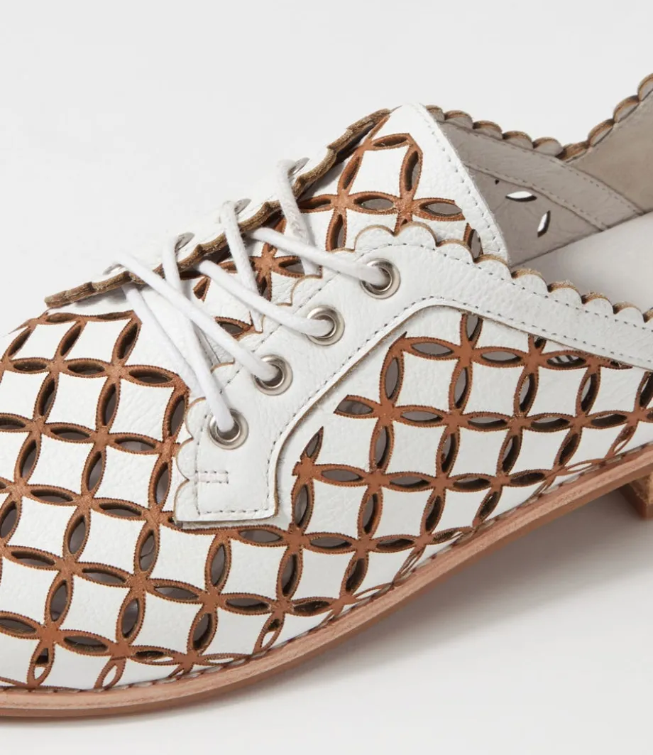 Allosier White Tan Leather Lace Up Flats
