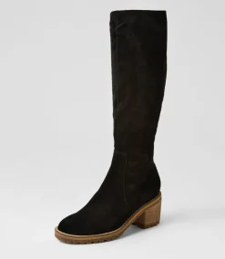 Balt Black Natural Heel Suede Knee High Boots