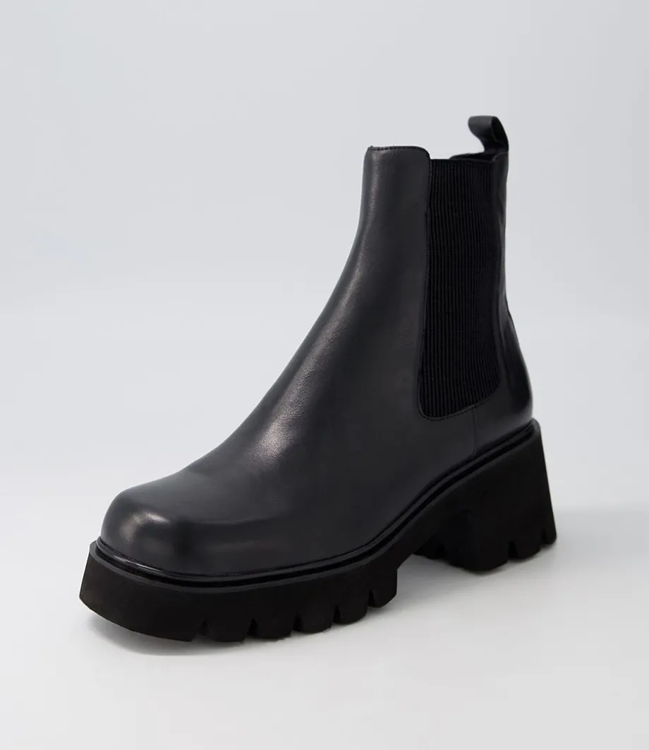 Barakios Black Leather Elastic Ankle Boots