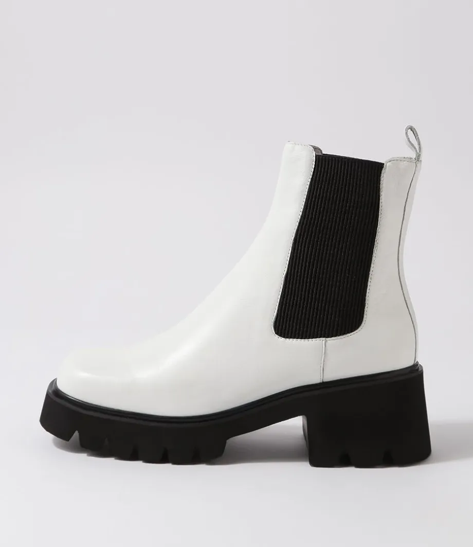 Barakios White Black Leather Elastic Ankle Boots