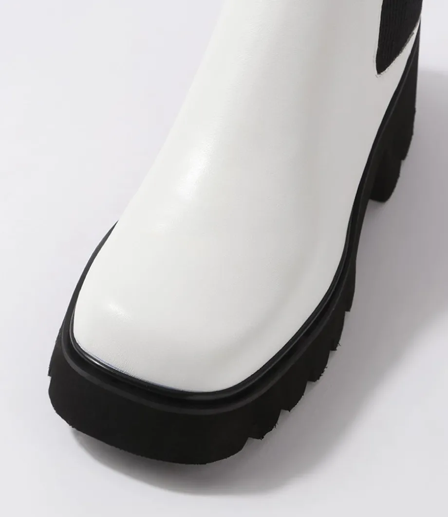Barakios White Black Leather Elastic Ankle Boots