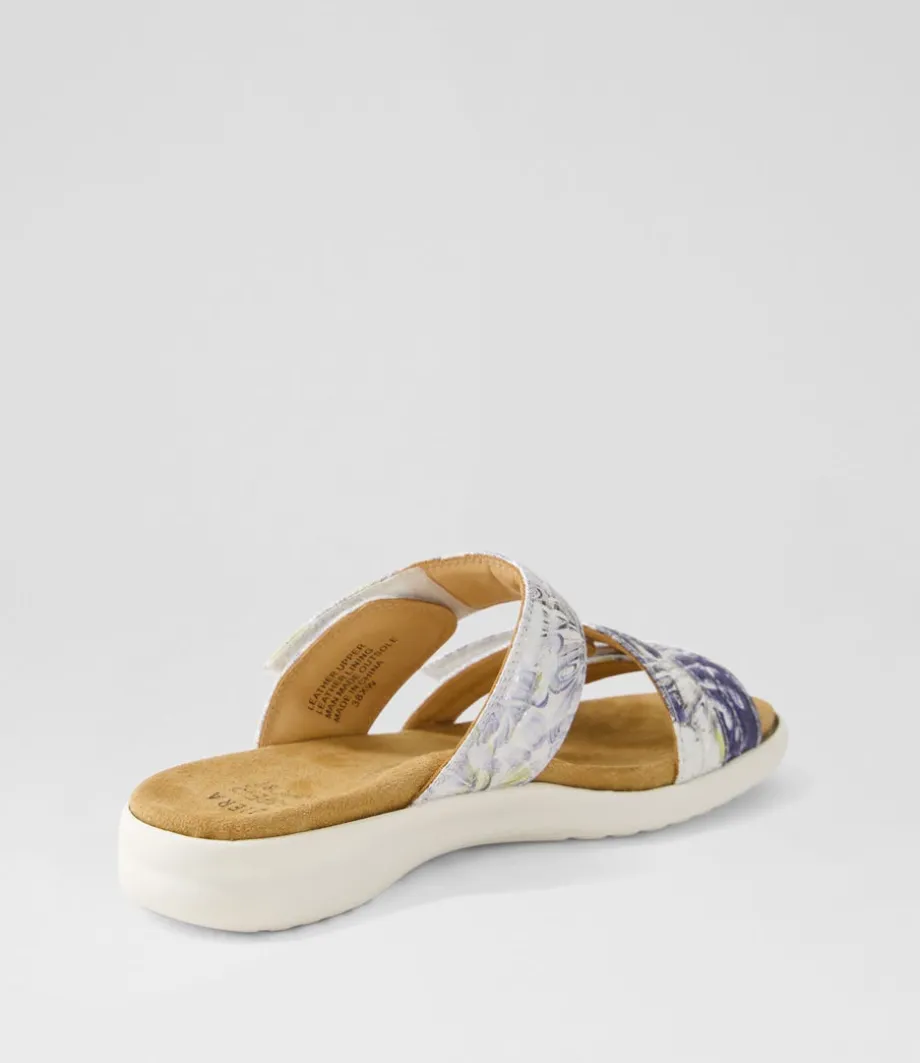 Barbra Xw Navy Silver Floral White Leather Slides