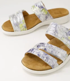 Barbra Xw Navy Silver Floral White Leather Slides