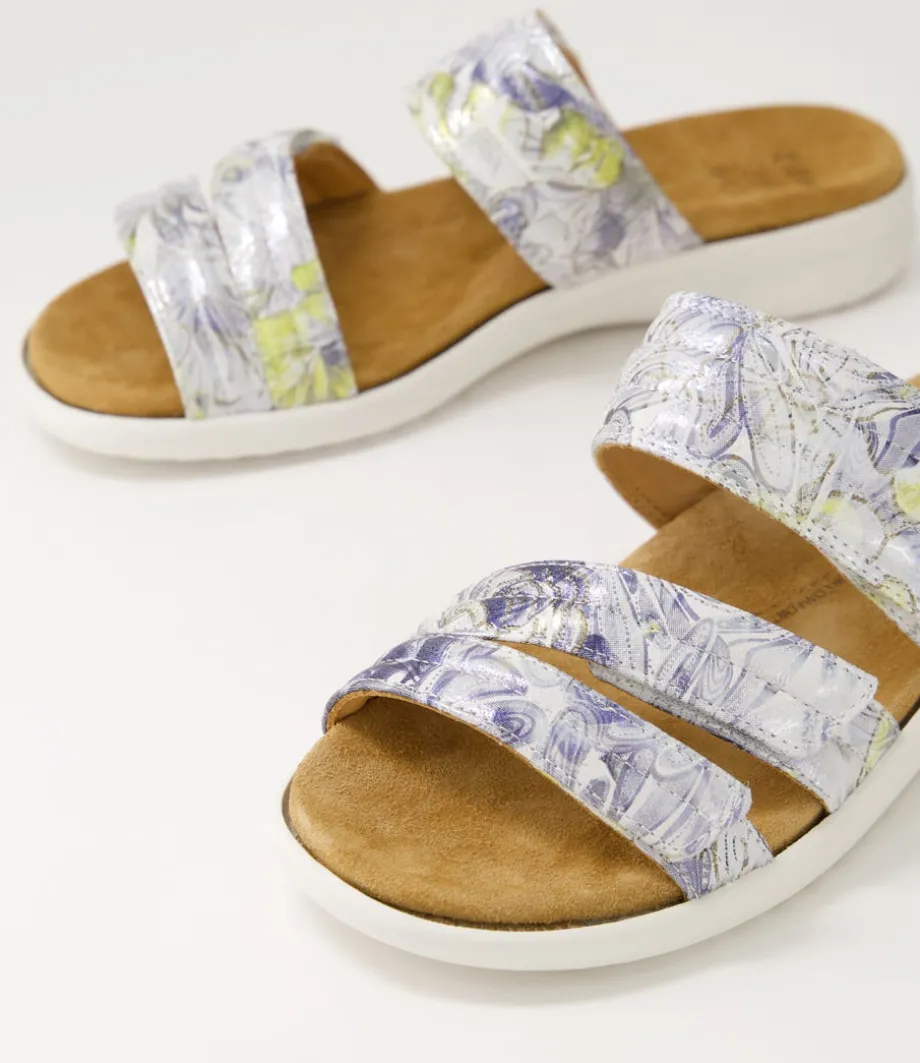 Barbra Xw Navy Silver Floral White Leather Slides