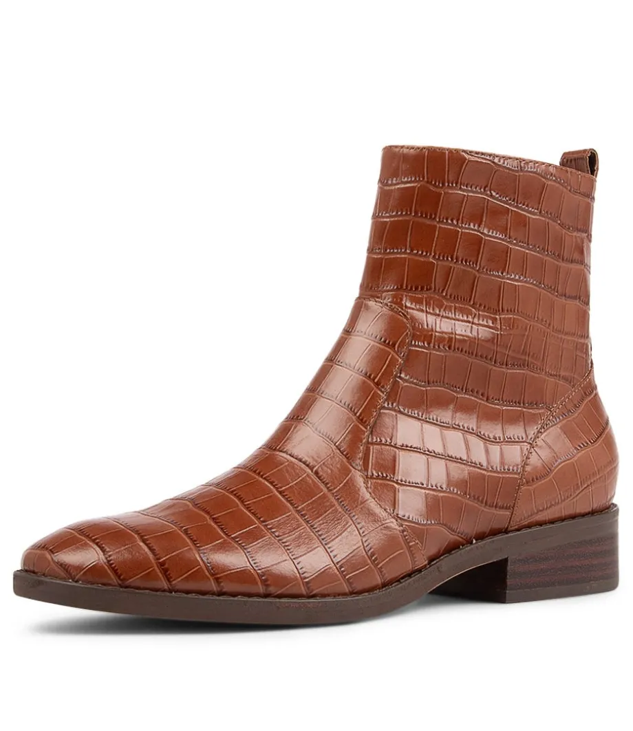 Barnie Cognac Croc Leather Ankle Boots