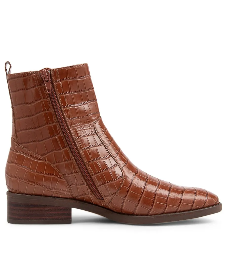 Barnie Cognac Croc Leather Ankle Boots