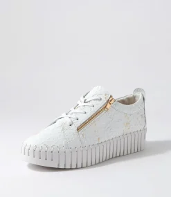 Bump White Gold Flower Leather Sneakers
