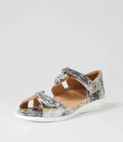 Doxie W Navy Silver Floral Leather Sandals