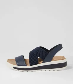 Grandys W Navy Leather Elastic Sandals
