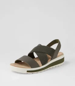 Grandys W Olive Leather Elastic Sandals