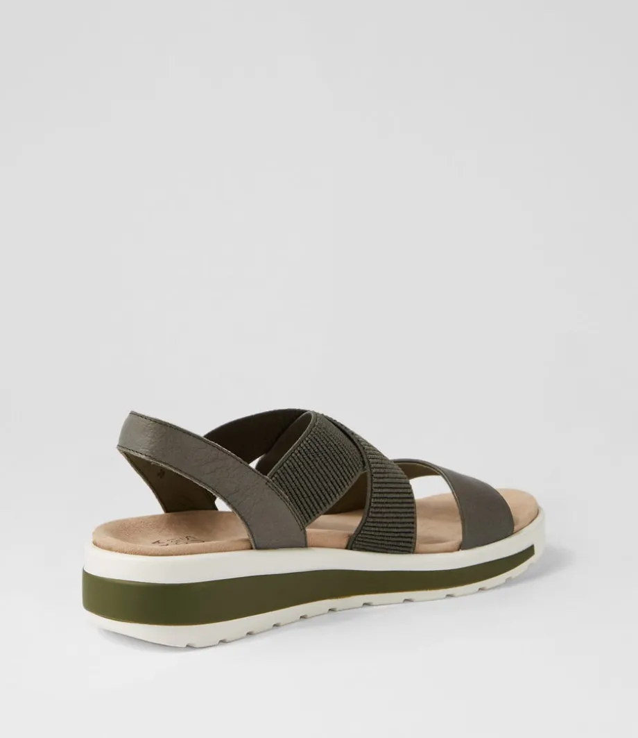 Grandys W Olive Leather Elastic Sandals