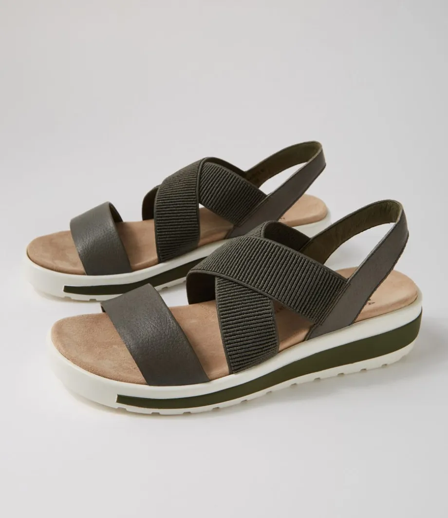Grandys W Olive Leather Elastic Sandals