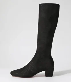 Hayleys Black Sparkle Stretch Microsuede Knee High Boots