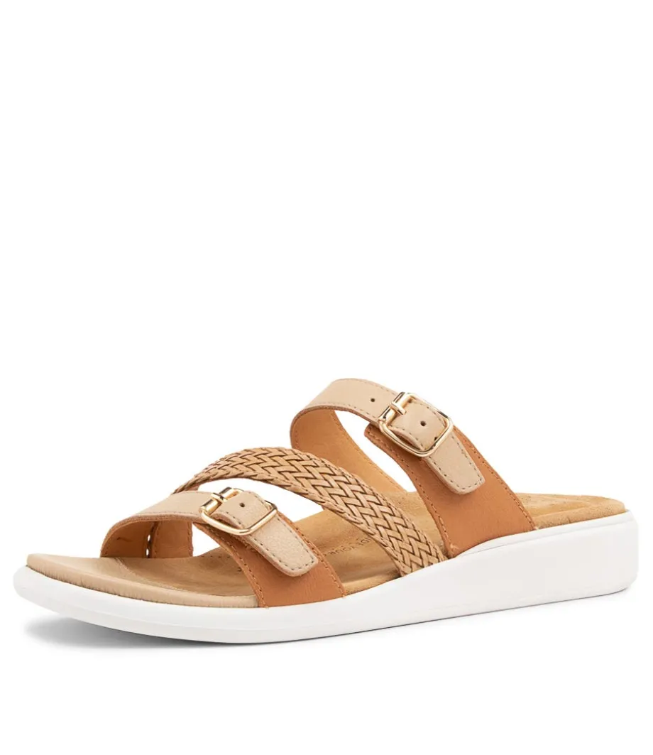 Ieanny W Camel Multi Leather Weave Slides