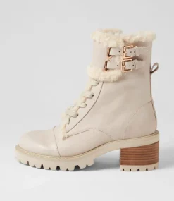 Jenifa Almond Off White Leather Fur Lace Up Boots