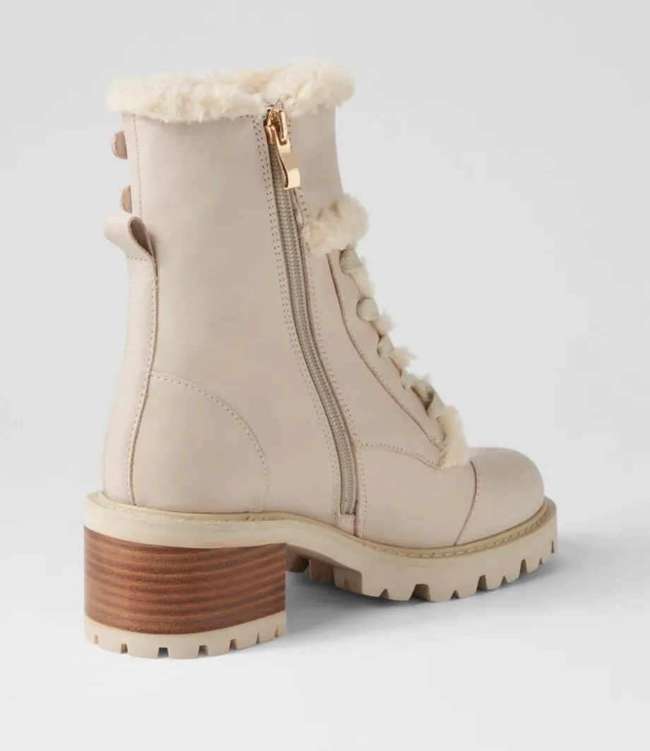 Jenifa Almond Off White Leather Fur Lace Up Boots