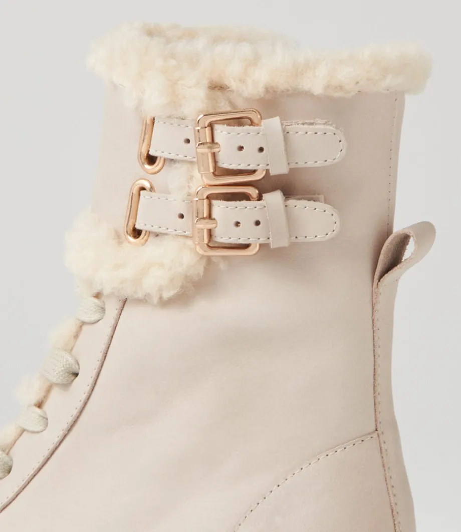 Jenifa Almond Off White Leather Fur Lace Up Boots