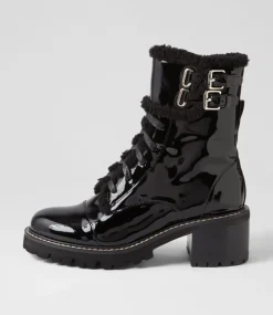 Jenifa Black Patent Fur Lace Up Boots