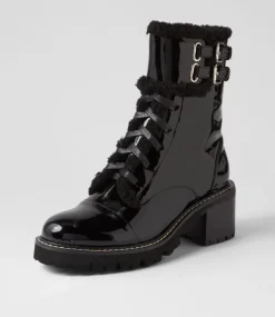 Jenifa Black Patent Fur Lace Up Boots