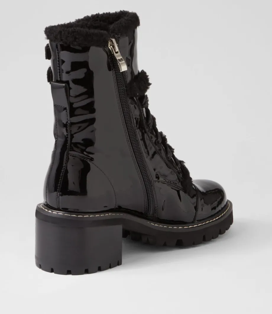 Jenifa Black Patent Fur Lace Up Boots