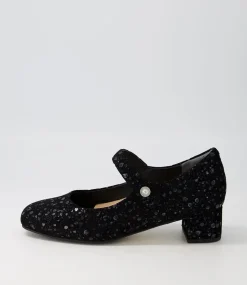 Kitty W Black Sparkle Suede Mary Jane Heels