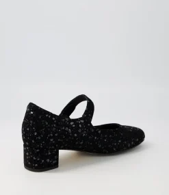 Kitty W Black Sparkle Suede Mary Jane Heels