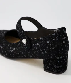 Kitty W Black Sparkle Suede Mary Jane Heels