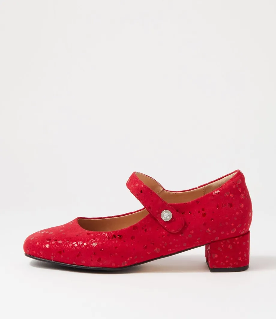 Kitty W Red Sparkle Suede Mary Jane Heels