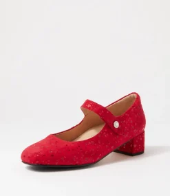 Kitty W Red Sparkle Suede Mary Jane Heels