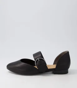 Loraa W Black Buckle Leather Ballet Flats