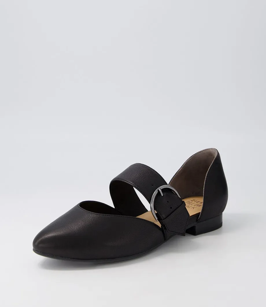 Loraa W Black Buckle Leather Ballet Flats