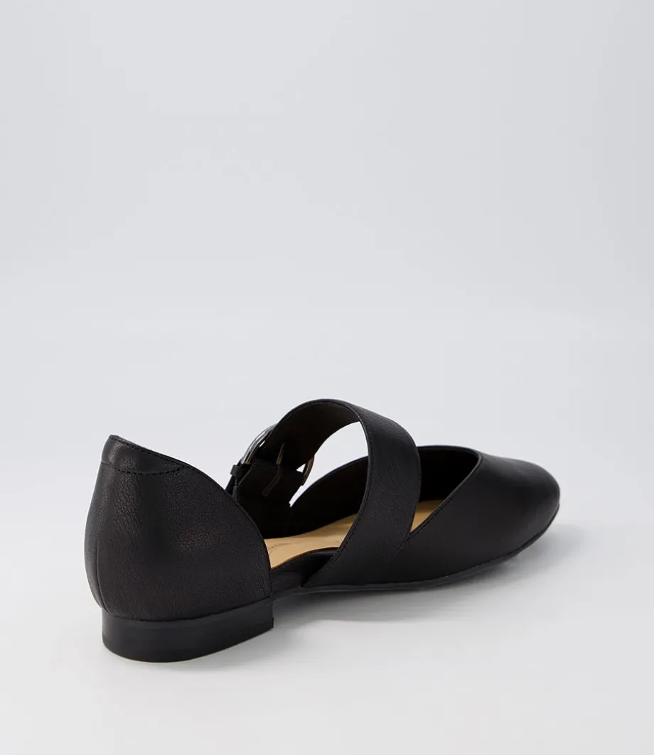Loraa W Black Buckle Leather Ballet Flats