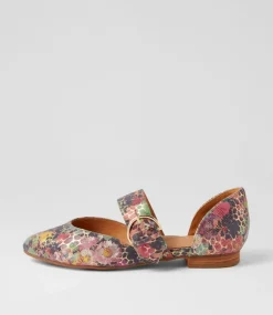 Loraa W Green Floral Leather Flat Shoes