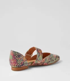 Loraa W Green Floral Leather Flat Shoes