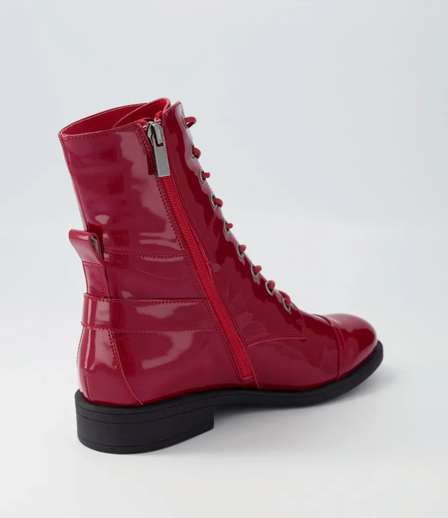 Mekhi Dark Red Patent Leather Lace Up Boots