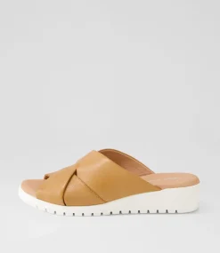Mith Dark Tan White Leather Slides