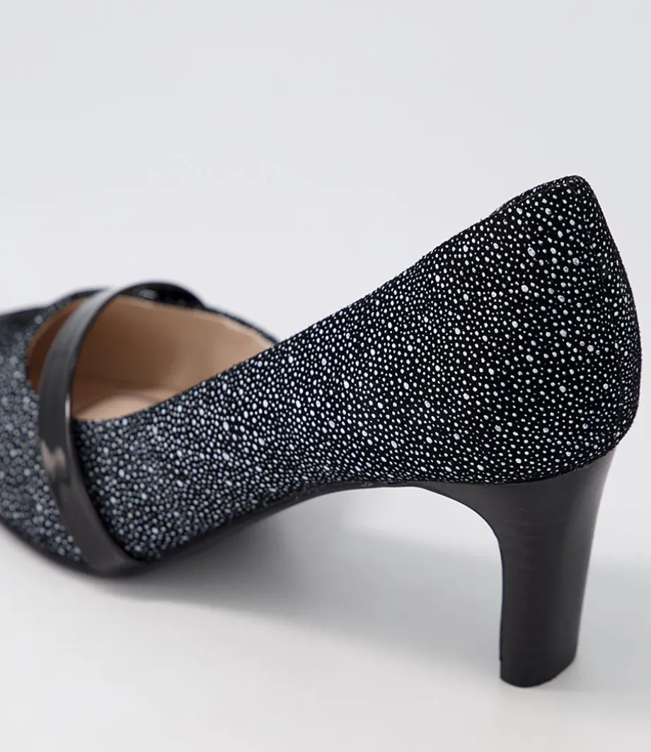 Narda2 Black White Dot Suede Patent Heels