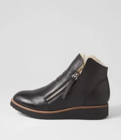 Opal Black Beige Leather Fur Ankle Boots