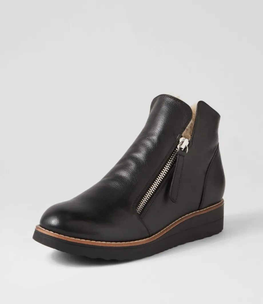 Opal Black Beige Leather Fur Ankle Boots