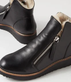 Opal Black Beige Leather Fur Ankle Boots