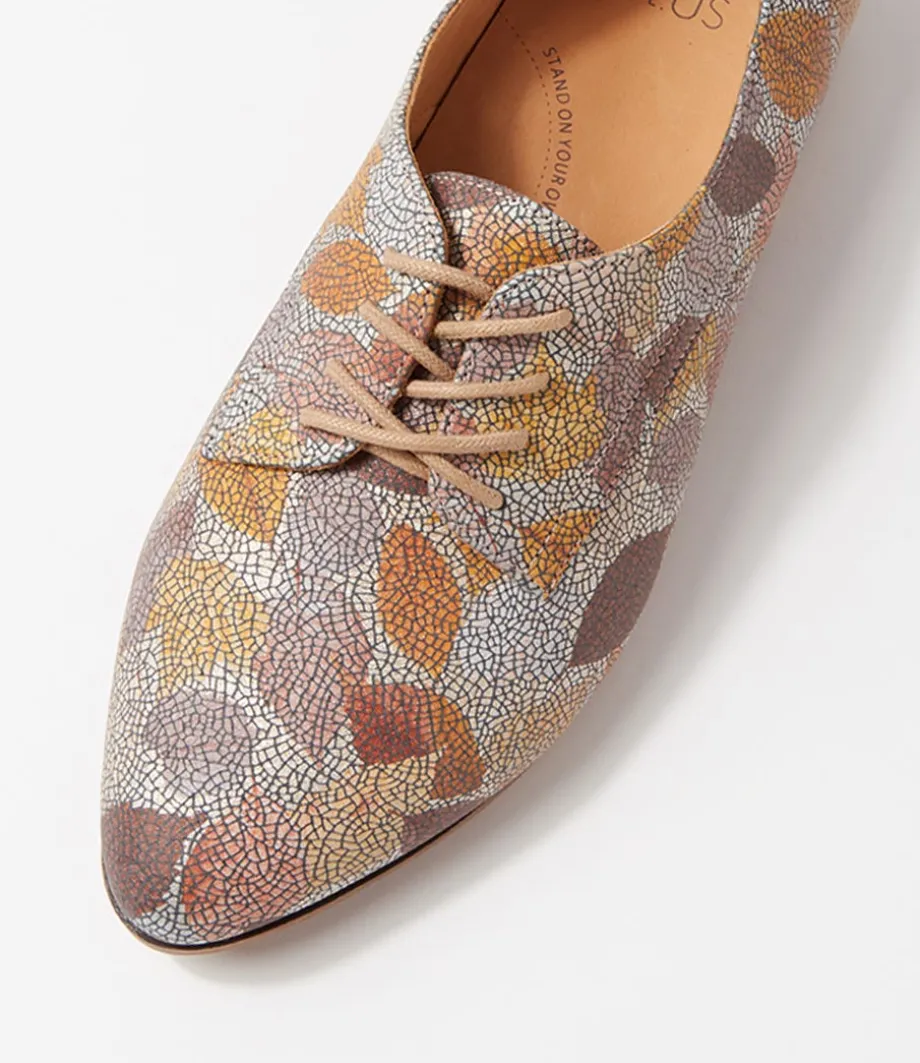 Oscar Xf Tan Leaf Multi Leather Lace Up Flats