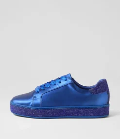 Pluma Cobalt Satin Leather Jewels Lace Up Flats