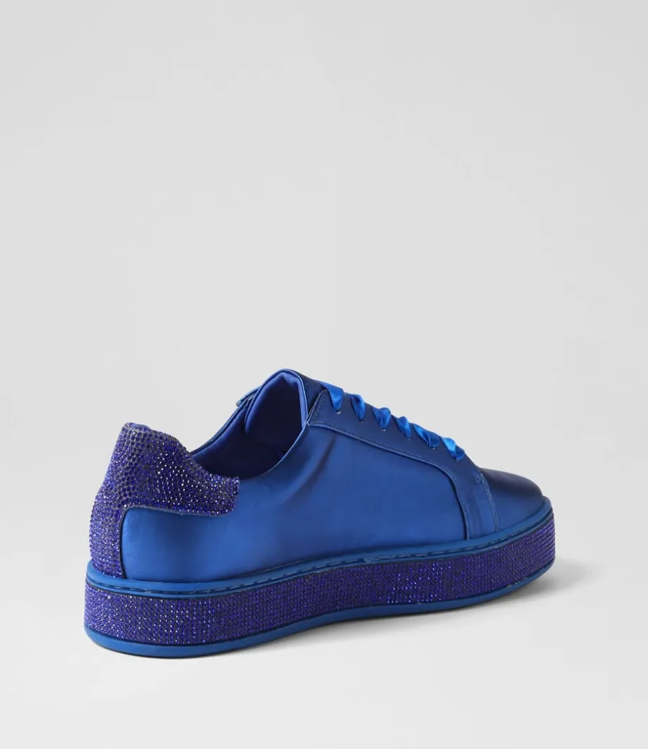 Pluma Cobalt Satin Leather Jewels Lace Up Flats