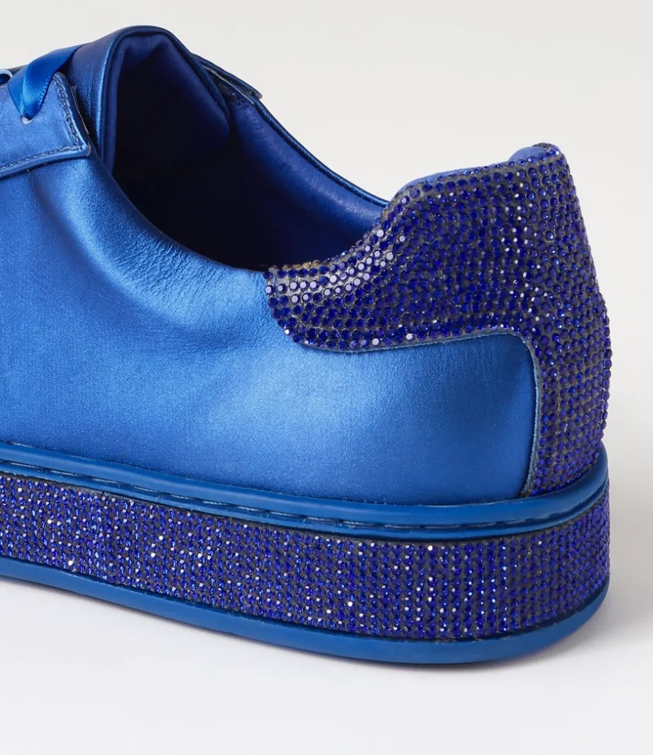 Pluma Cobalt Satin Leather Jewels Lace Up Flats